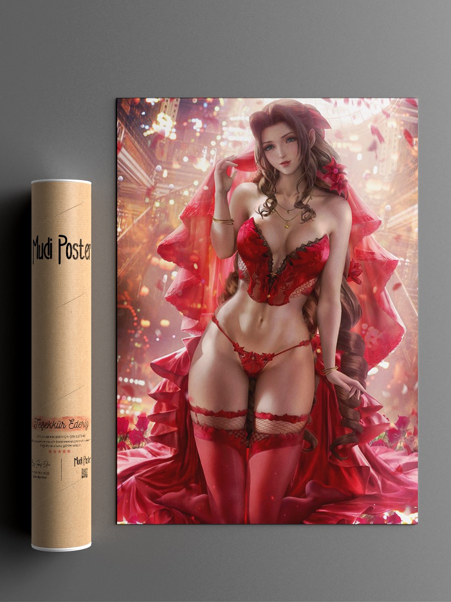 Aerith Red Gown Lingerie Anime Poster Çerçevesiz Yüksek Kalite Anime Duvar Poster