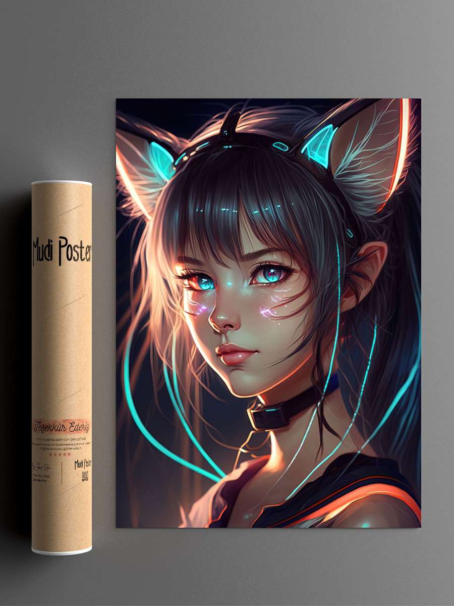 Anime Girl Cat in Neon Anime Poster Çerçevesiz Yüksek Kalite Anime Duvar Poster