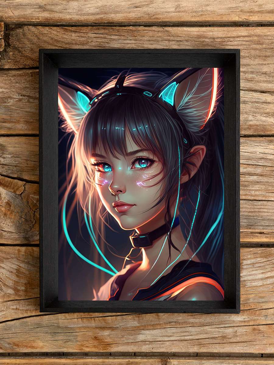 Anime Girl Cat in Neon Anime Poster Çerçevesiz Yüksek Kalite Anime Duvar Poster