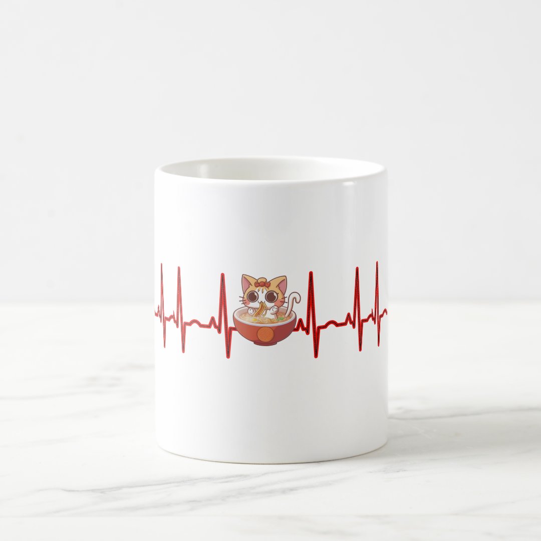 Kawaii Anime Cat Ramen Noodles Otaku EKG Heartbeat Coffee Mug Anime Kupa Bardak Modern Anime Baskılı Kupa