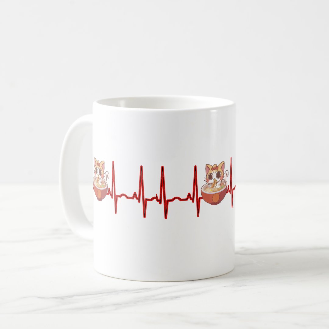 Kawaii Anime Cat Ramen Noodles Otaku EKG Heartbeat Coffee Mug Anime Kupa Bardak Modern Anime Baskılı Kupa
