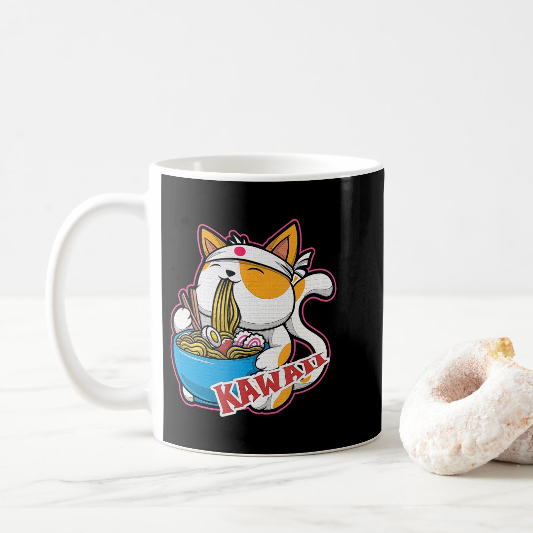 vintage kawaii cat eating ramen anime retro Japane Coffee Mug Anime Kupa Bardak Modern Anime Baskılı Kupa