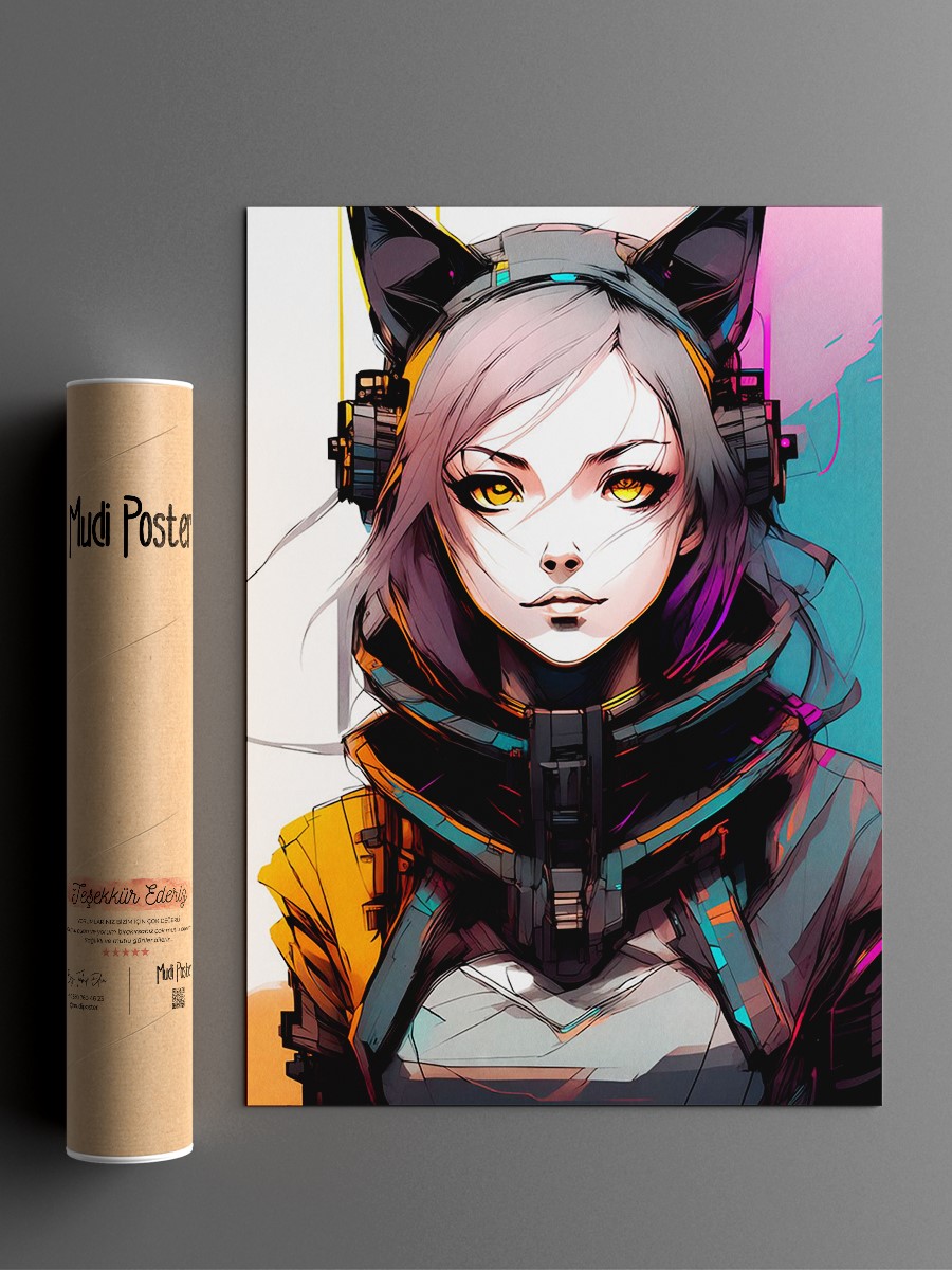 Beauty Cyber Cat girl Art Anime Poster Çerçevesiz Yüksek Kalite Anime Duvar Poster