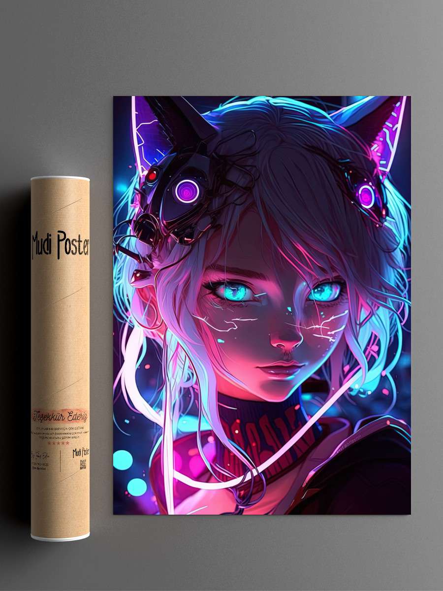 Cat Girl Blue Neon Anime Anime Poster Çerçevesiz Yüksek Kalite Anime Duvar Poster