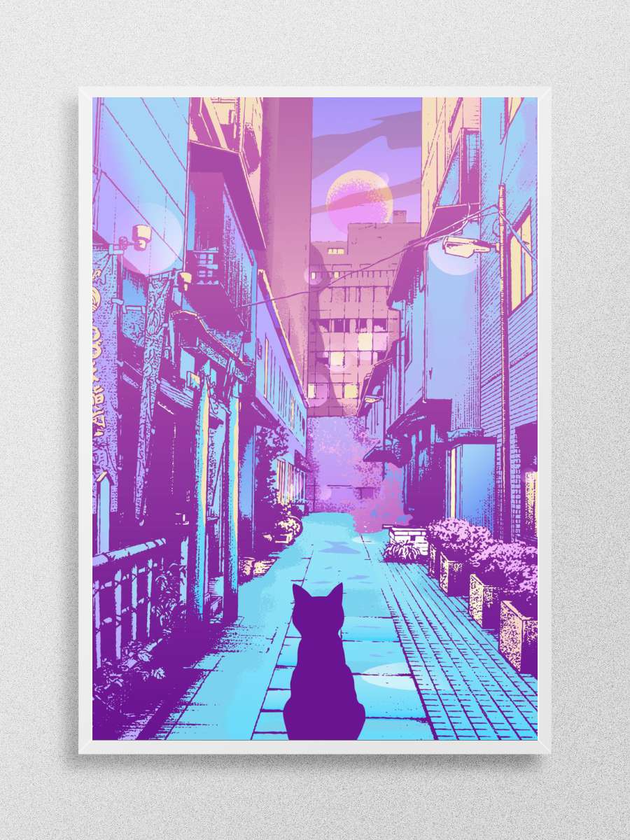 Cat Japan Street City Pop Anime Poster Çerçevesiz Yüksek Kalite Anime Duvar Poster