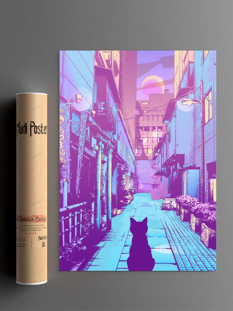 Cat Japan Street City Pop Anime Poster Çerçevesiz Yüksek Kalite Anime Duvar Poster