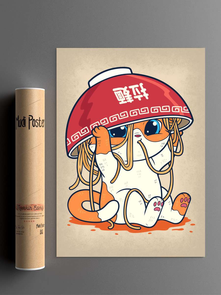 Cat Wearing Ramen Bowl Anime Poster Çerçevesiz Yüksek Kalite Anime Duvar Poster