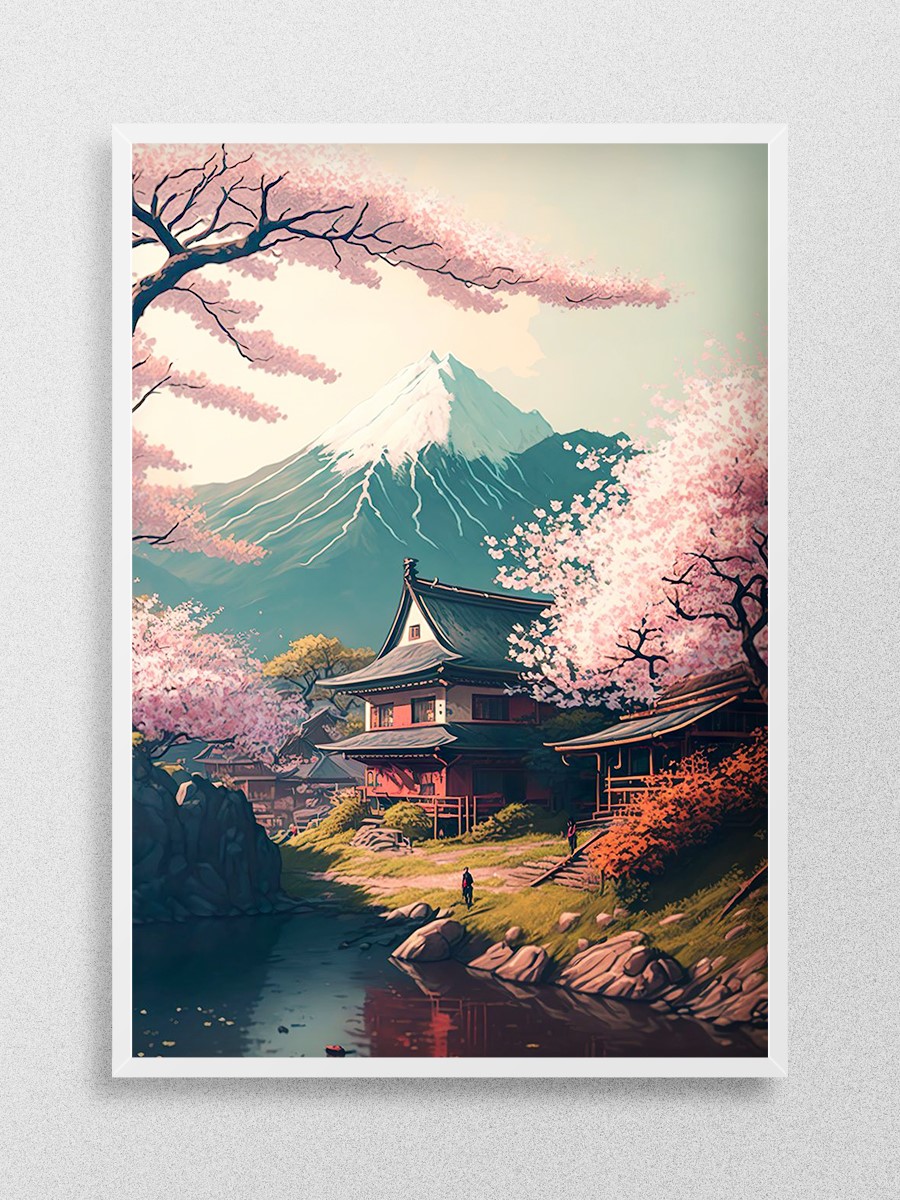 Cherry Blossom Japan House Anime Poster Çerçevesiz Yüksek Kalite Anime Duvar Poster