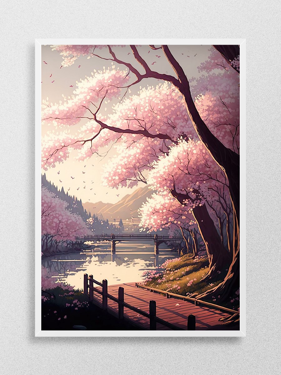Cherry Blossom Sakura Lake Anime Poster Çerçevesiz Yüksek Kalite Anime Duvar Poster