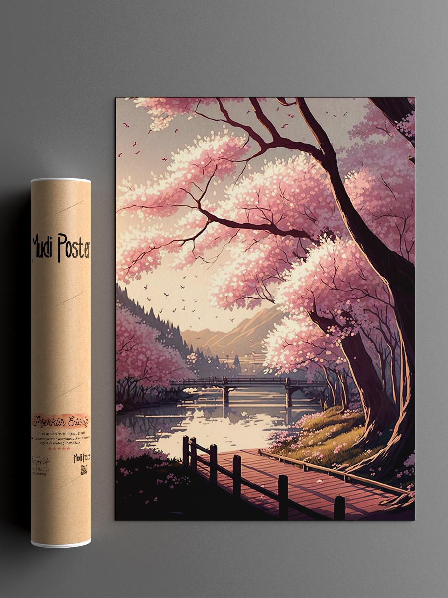 Cherry Blossom Sakura Lake Anime Poster Çerçevesiz Yüksek Kalite Anime Duvar Poster