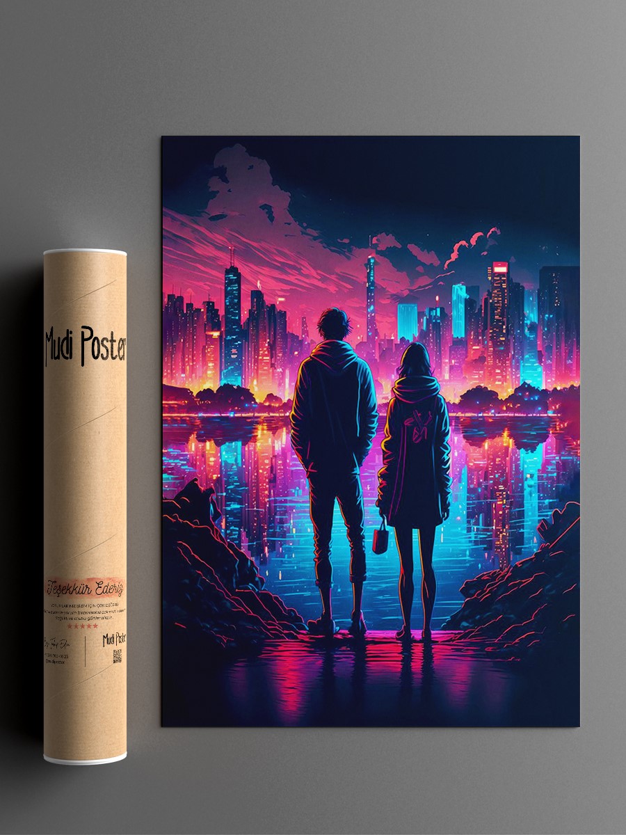 Couple Cyberpunk Landscape Anime Poster Çerçevesiz Yüksek Kalite Anime Duvar Poster