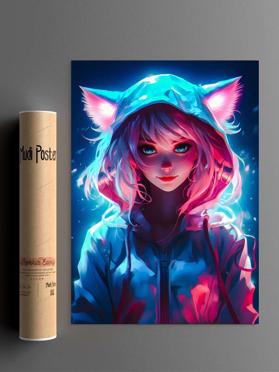 Cute Cat Girls Neon Anime Poster Çerçevesiz Yüksek Kalite Anime Duvar Poster