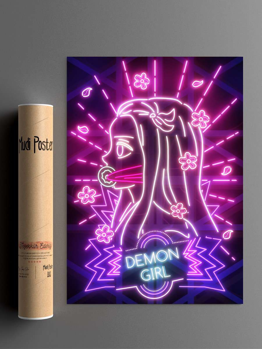 Demon girl neon poster Anime Poster Çerçevesiz Yüksek Kalite Anime Duvar Poster