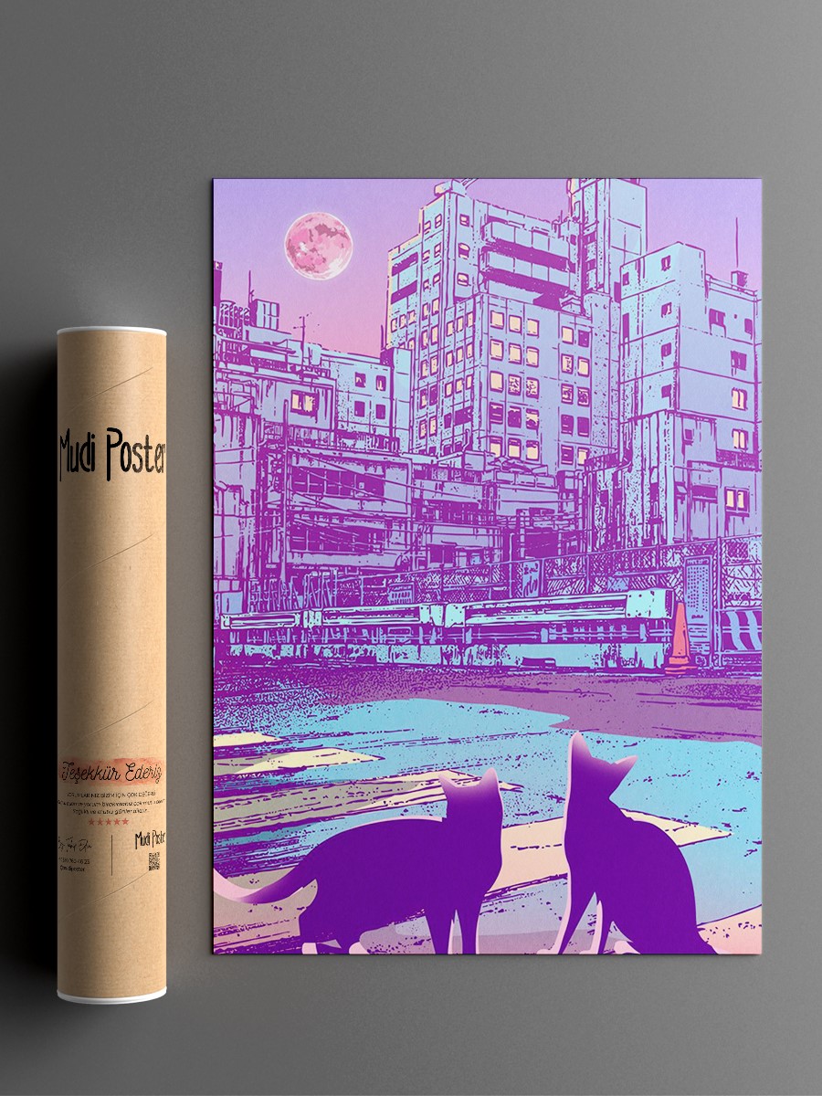 Japan Cat City Pop 33 Anime Poster Çerçevesiz Yüksek Kalite Anime Duvar Poster