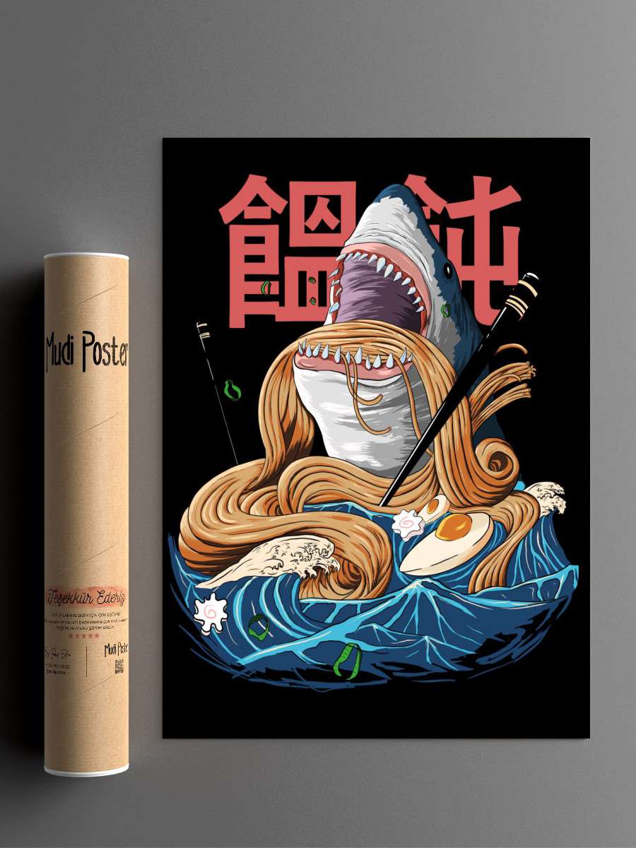 Japanese Food Ramen Shark Anime Poster Çerçevesiz Yüksek Kalite Anime Duvar Poster