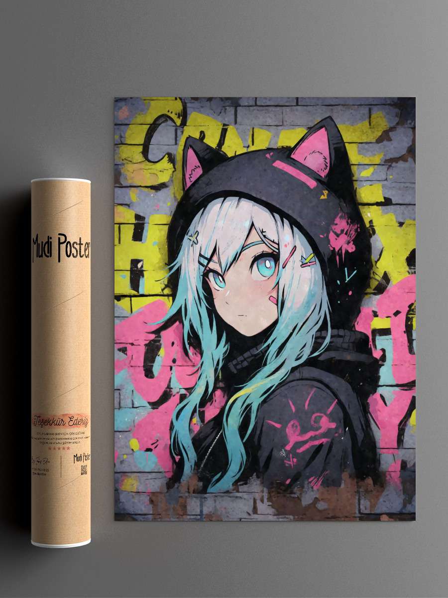 Kawaii Cat Girl Graffiti Anime Poster Çerçevesiz Yüksek Kalite Anime Duvar Poster