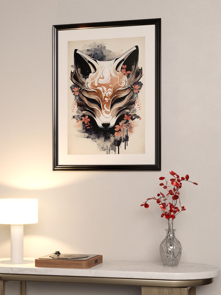 Kitsune Fox Mask Ink Wash Anime Poster Çerçevesiz Yüksek Kalite Anime Duvar Poster