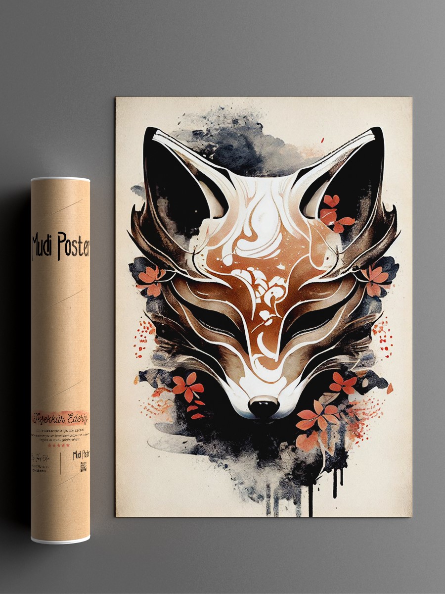Kitsune Fox Mask Ink Wash Anime Poster Çerçevesiz Yüksek Kalite Anime Duvar Poster