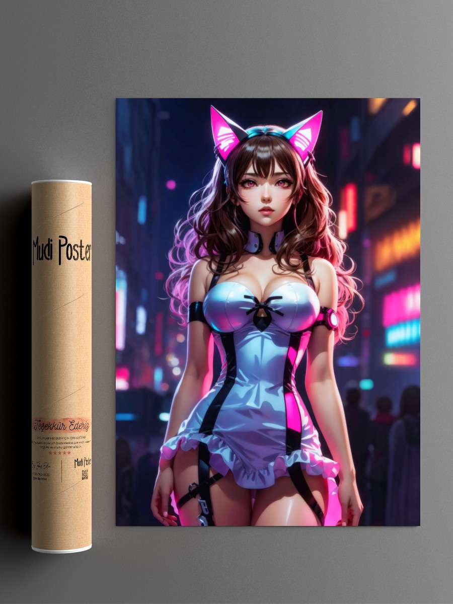 Neon Anime Cat Girl Anime Poster Çerçevesiz Yüksek Kalite Anime Duvar Poster