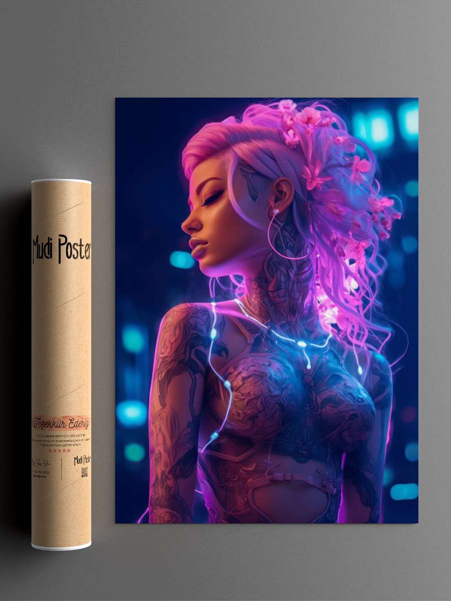 Pink Floral Cyberpunk Girl Anime Poster Çerçevesiz Yüksek Kalite Anime Duvar Poster