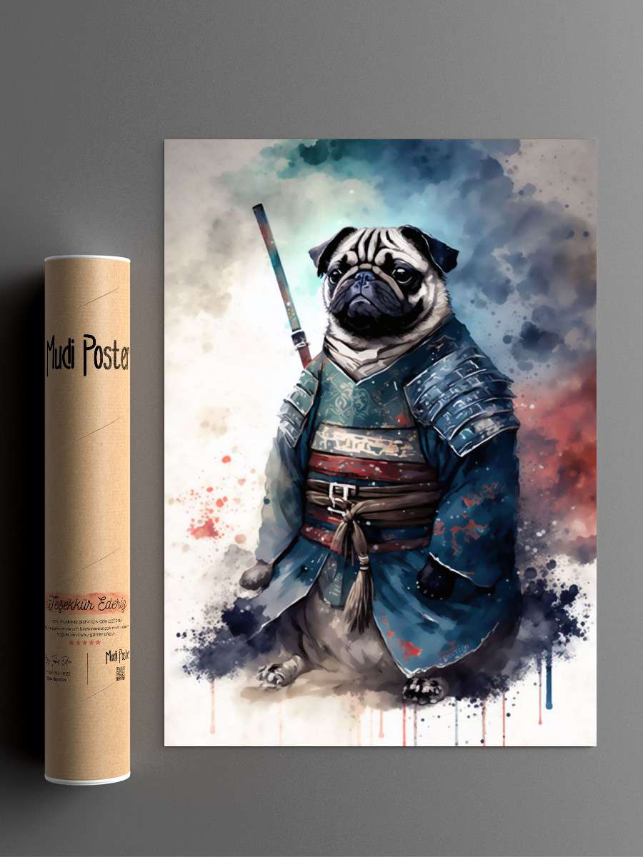 Pug Samurai Warrior Anime Poster Çerçevesiz Yüksek Kalite Anime Duvar Poster
