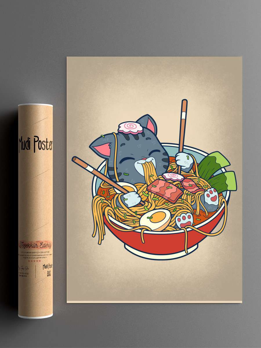 Ramen Cat Anime Poster Çerçevesiz Yüksek Kalite Anime Duvar Poster