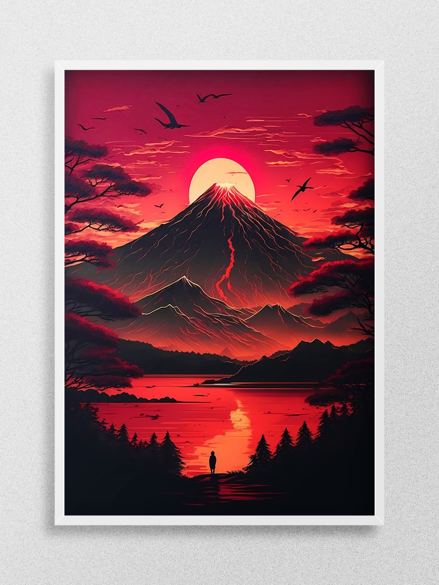 Red Sunset over Mount Fuji Anime Poster Çerçevesiz Yüksek Kalite Anime Duvar Poster