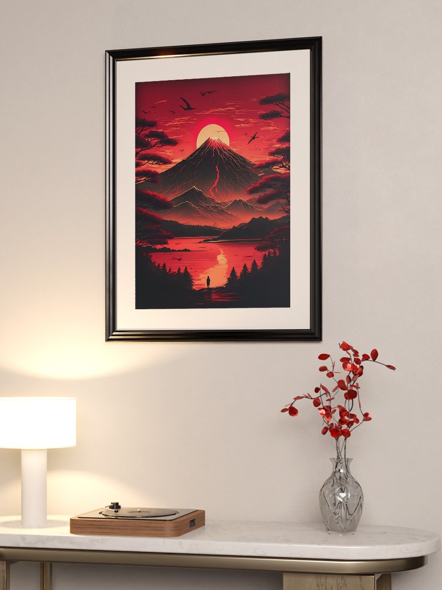 Red Sunset over Mount Fuji Anime Poster Çerçevesiz Yüksek Kalite Anime Duvar Poster