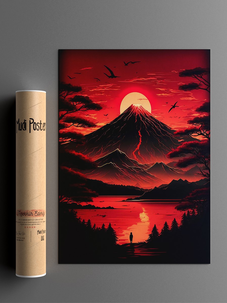 Red Sunset over Mount Fuji Anime Poster Çerçevesiz Yüksek Kalite Anime Duvar Poster