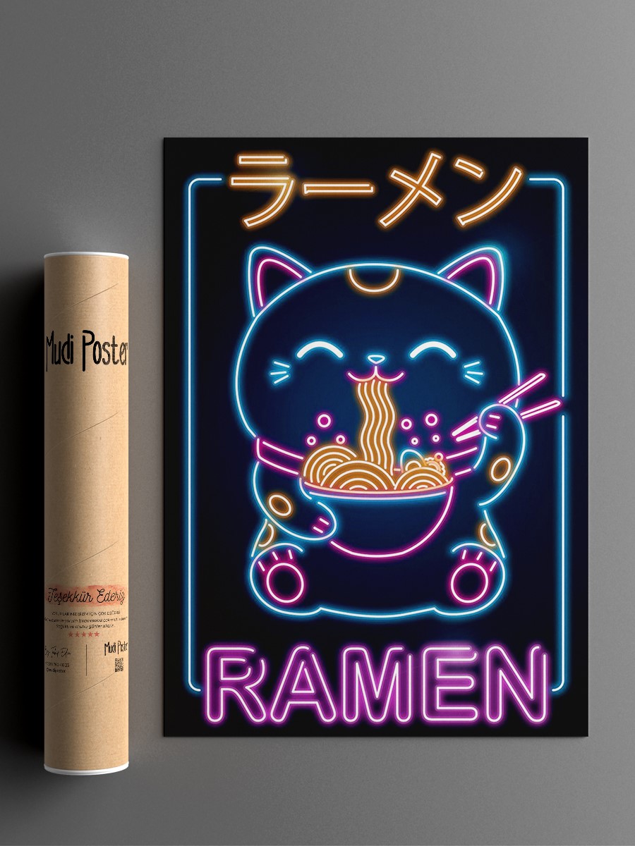 Retro Neko Ramen Sign Anime Poster Çerçevesiz Yüksek Kalite Anime Duvar Poster