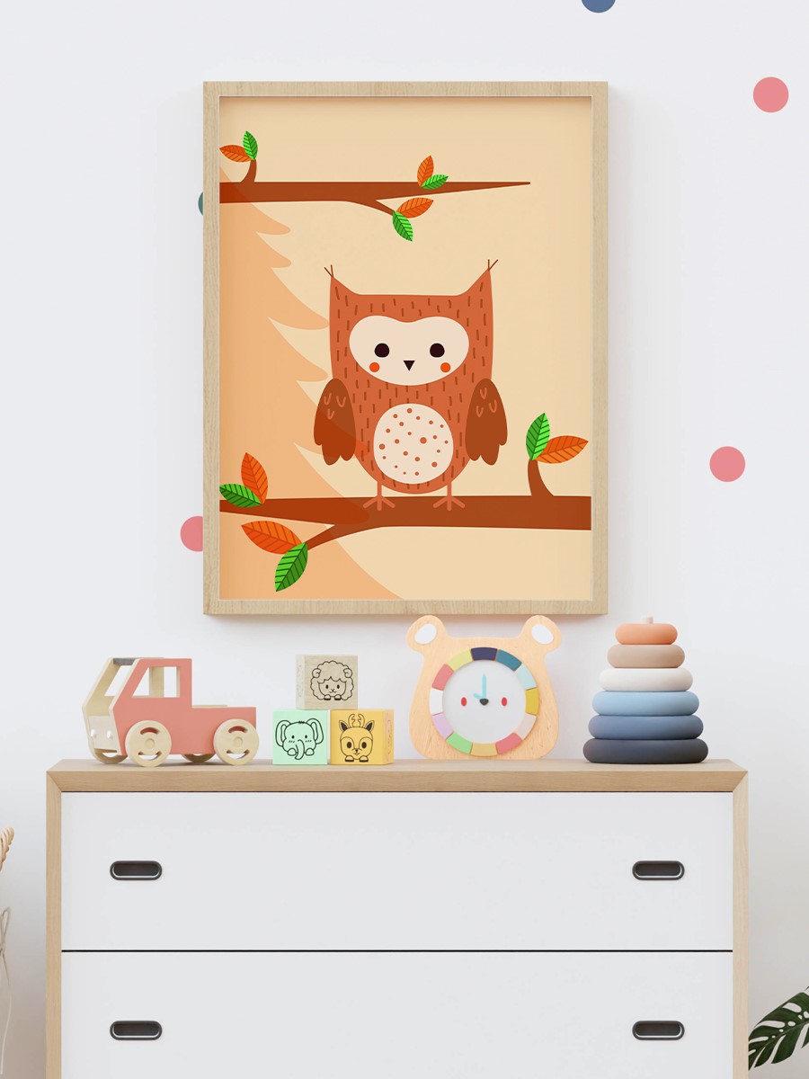 Sevimli Baykuş Çocuk Odası Duvar Poster, Bebek Odası, Dekoratif Poster Çerçevesiz