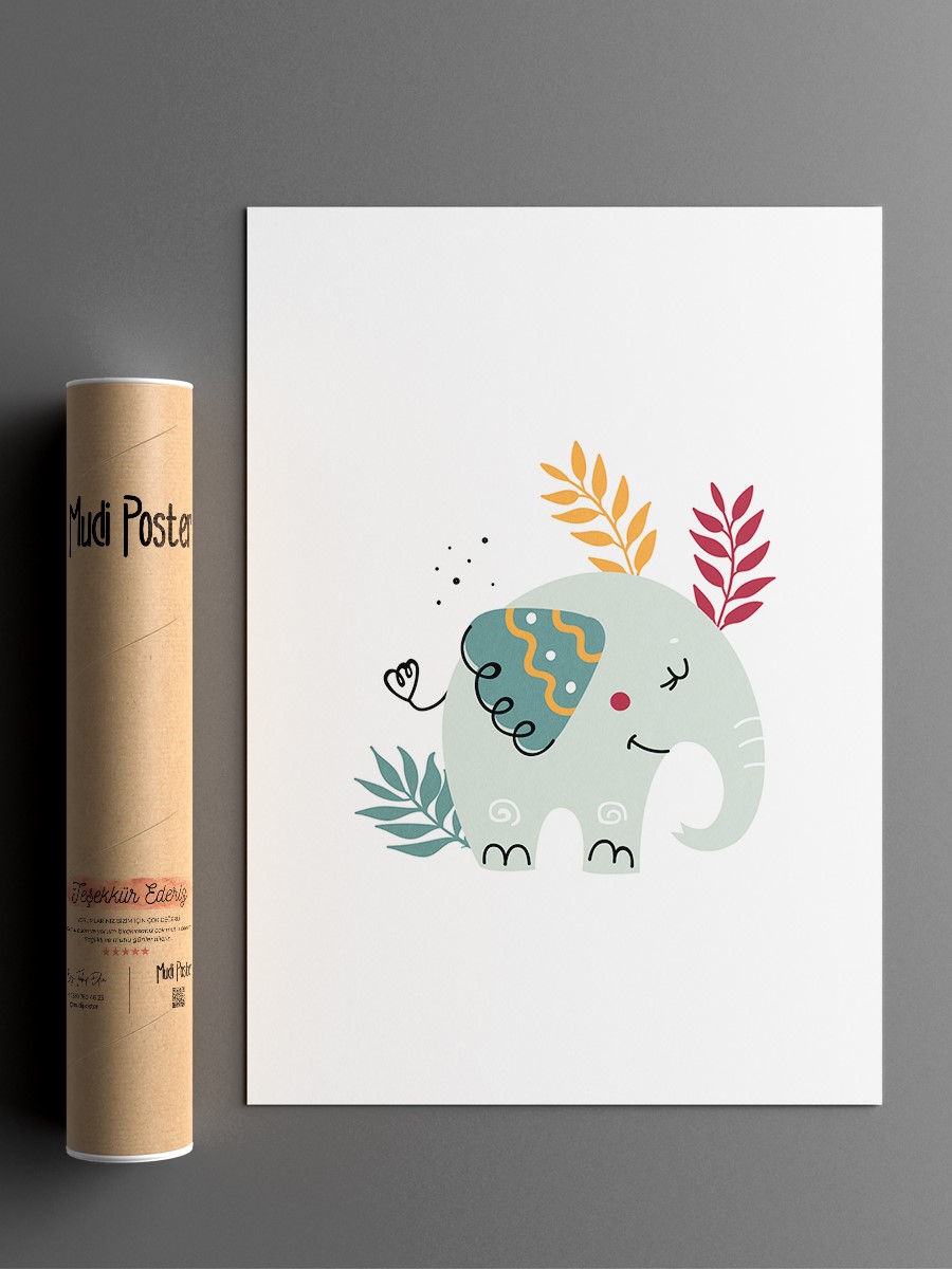 Sevimli Fil Çocuk Odası Duvar Poster, Bebek Odası, Dekoratif Poster Çerçevesiz