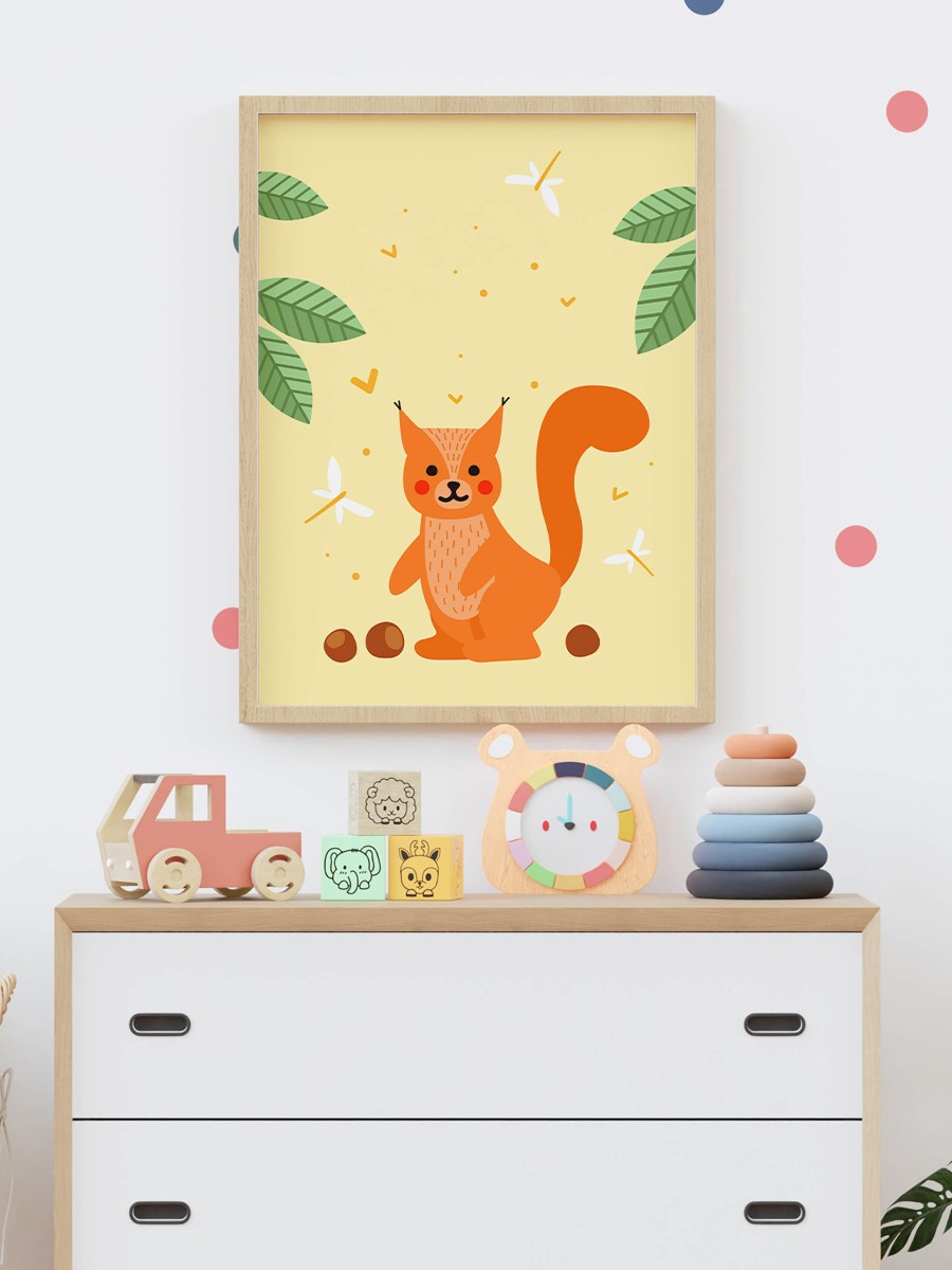 Sevimli Sincap Çocuk Odası Duvar Poster, Bebek Odası, Dekoratif Poster Çerçevesiz