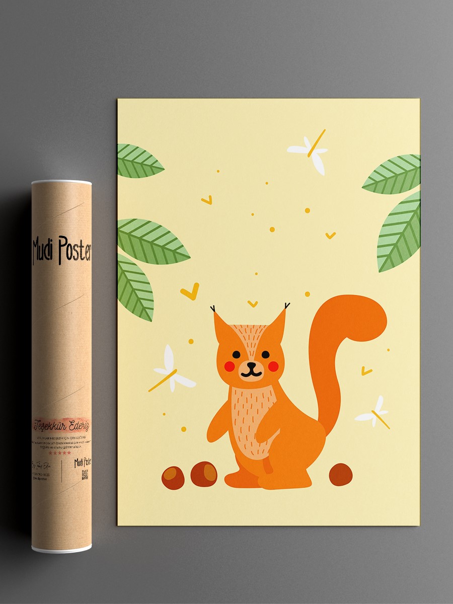 Sevimli Sincap Çocuk Odası Duvar Poster, Bebek Odası, Dekoratif Poster Çerçevesiz