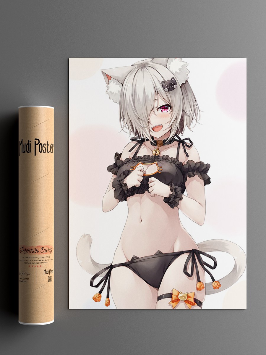 Silver Neko Cat Girl Anime Poster Çerçevesiz Yüksek Kalite Anime Duvar Poster