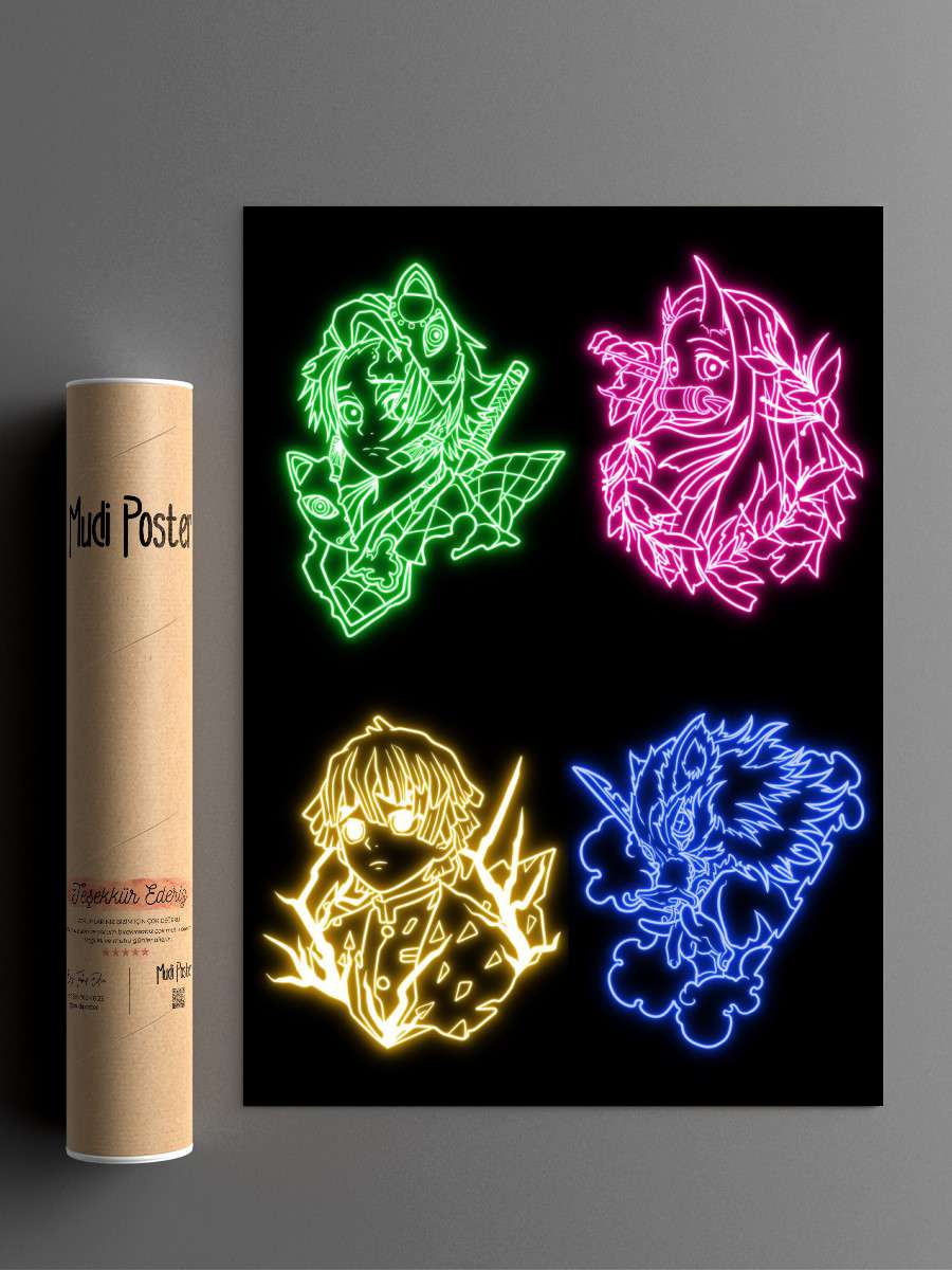 Team demon slayer neon Anime Poster Çerçevesiz Yüksek Kalite Anime Duvar Poster